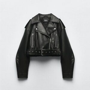 Zara Cropped Black Faux Leather Biker Jacket, S
